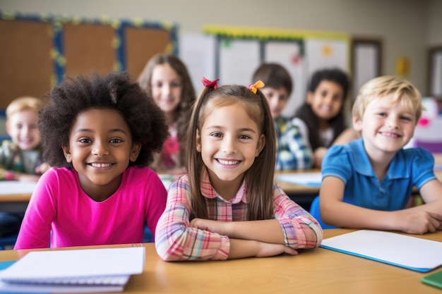 Several smiling multi ethnic children at the school desk during a class Back to school concept