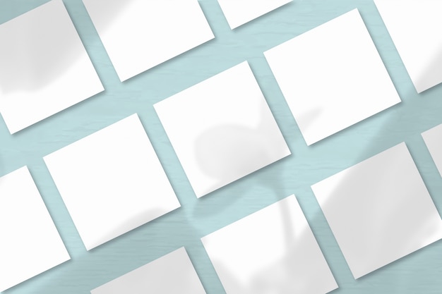 Several square sheets of white textured paper against a blue wall background. Mockup with an overlay of plant shadows. Natural light casts shadows from an exotic plant. Horizontal orientation