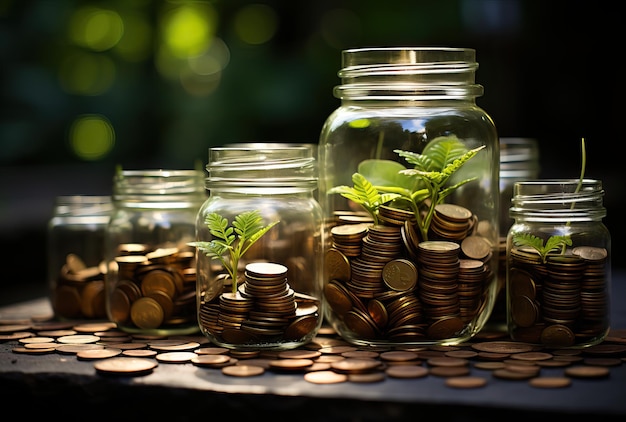 several stacks of coins growing plants outdoors in an empty jar