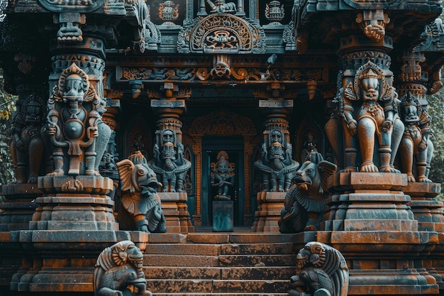 Photo several statues are displayed on the exterior of an ancient temple showcasing intricate carvings and ornate details an ancient temple with ornate carvings and statues depicting mythical creatures