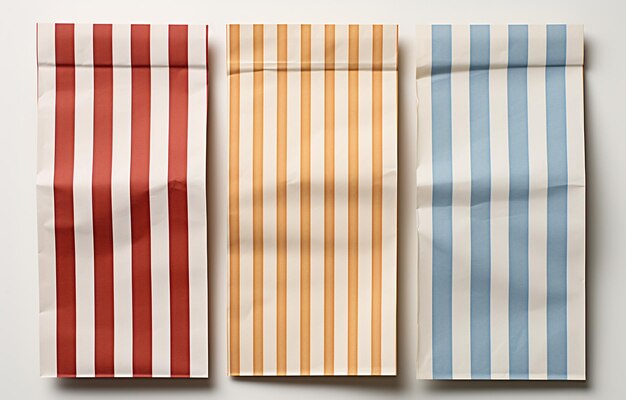 several striped bags on a white surface