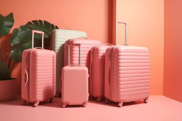 several suitcases near the pink wall