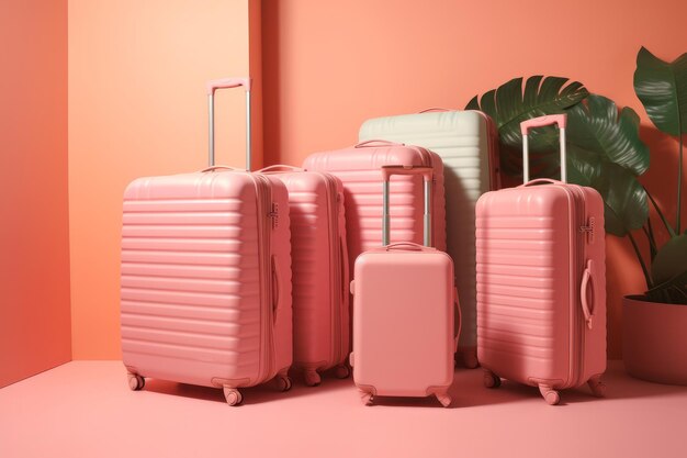 several suitcases near the pink wall