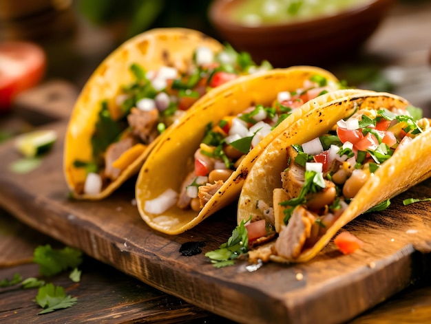 Several Tacos lying one by one isolated on a white background Cinematic food photo of traditional