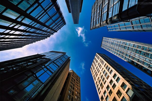 Several tall buildings with a blue sky below them under an upper roof