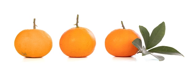 Several tangerines lined up on a white surface