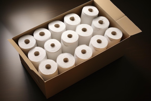 Several toilet paper rolls in a paper box