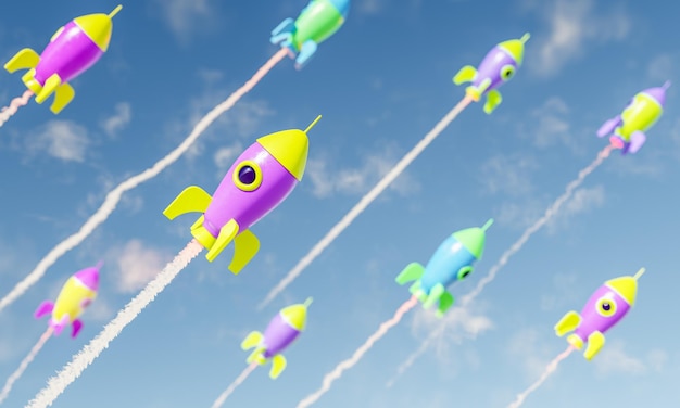 several toy rockets flying over the sky