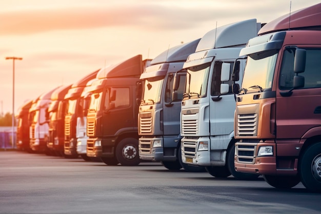 Several trucks wait parked in a factory for their turn to be loaded