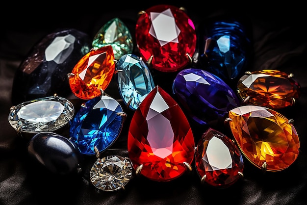 Several types of precious stones on black background