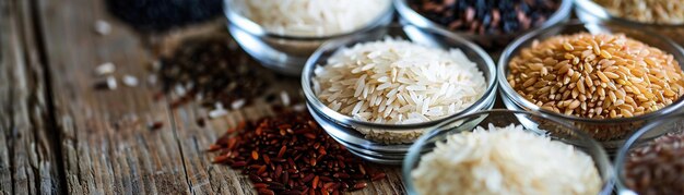 Several types of rice grains spilled from glass bowls onto a wooden surface