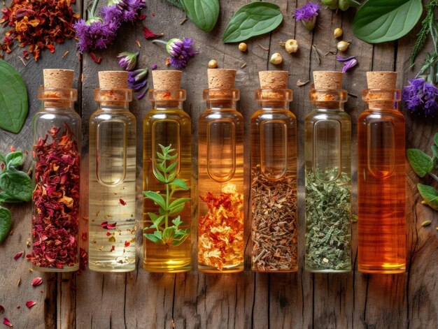 several various essential oils with dried flowers on old wooden table top