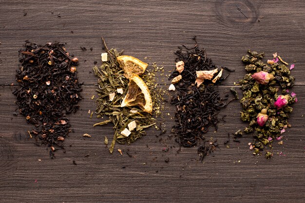 Several views of tea on a wooden table