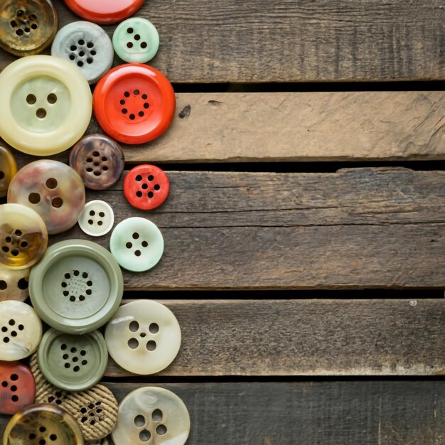 several vintage plastic buttons on aged wooden boards with copy space