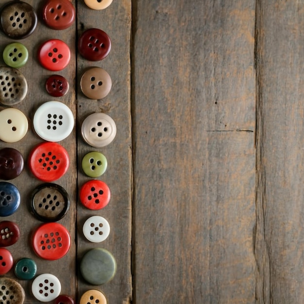 several vintage plastic buttons on aged wooden boards with copy space