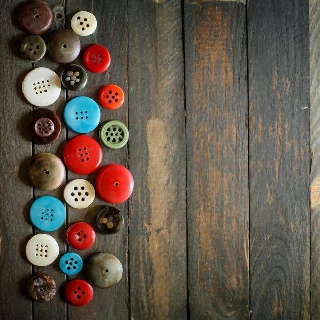 several vintage plastic buttons on aged wooden boards with copy space