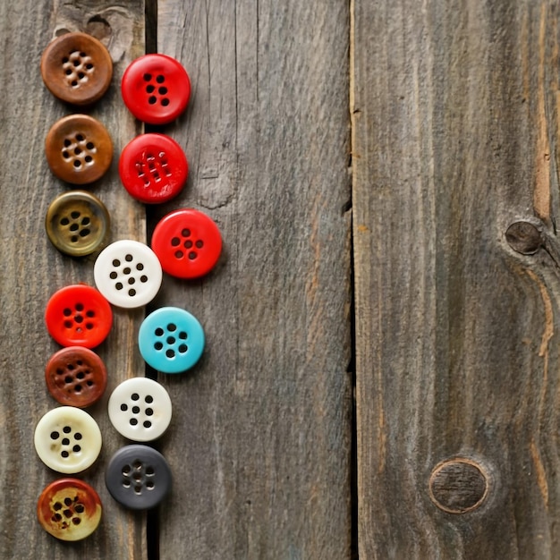 Photo several vintage plastic buttons on aged wooden boards with copy space