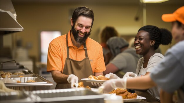 Several volunteers both men and women work diligently in an indoor setting to serve food to community members during a charity event