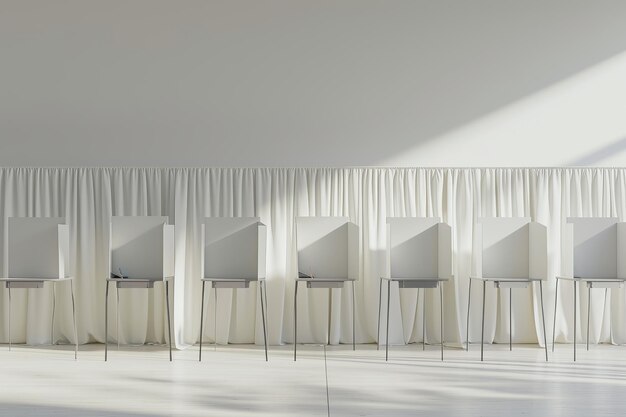 Several voting booths lined up against a white draped background illuminated by natural light