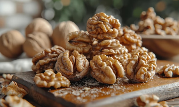 Photo several walnut nuts from different fruits a pile of fresh walnuts sitting on top of a wooden cutting board perfect for snacking or adding to recipes