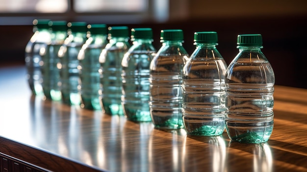 Several water bottles are neatly arranged in a row on a wooden table