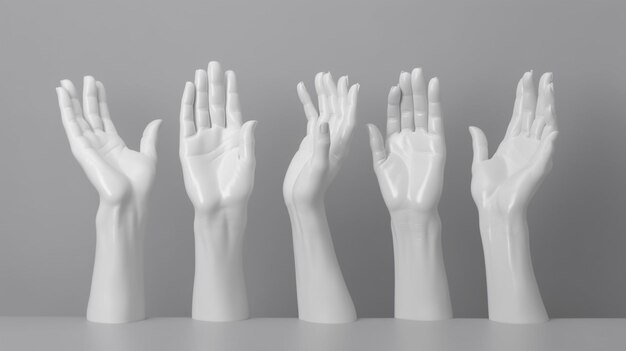 Several white mannequins of hands are lined up in a row generative ai