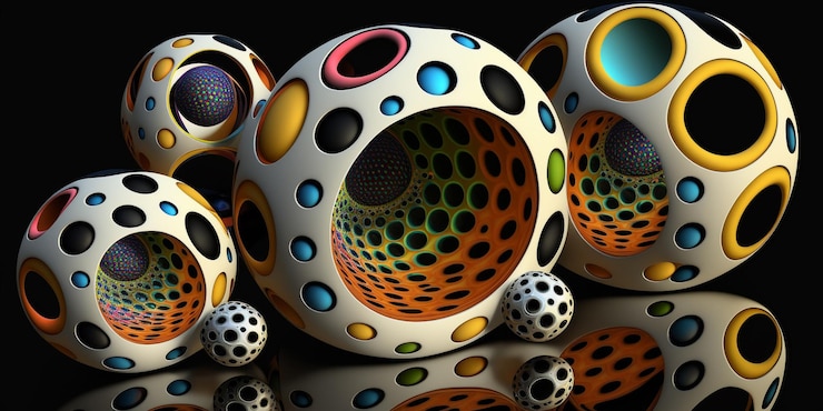 Photo several white and orange balls with different colored dots on them generative ai