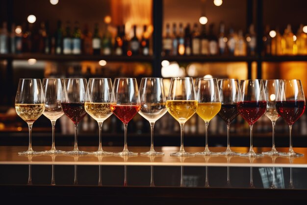 Several wine glasses lined up on the bar counter