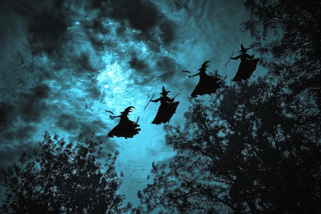 Photo several witches are flying through the dark night sky flying witches over silhouetted trees ai generated