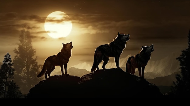 Several wolves howling at the moon Generative ai