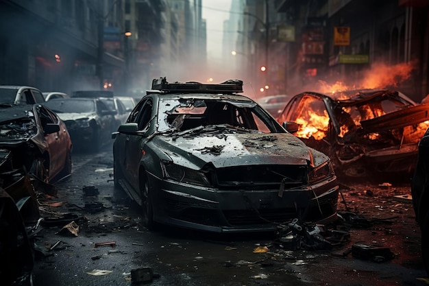 Severe and Devastating Car Crash Amidst a Busy Urban Area AI