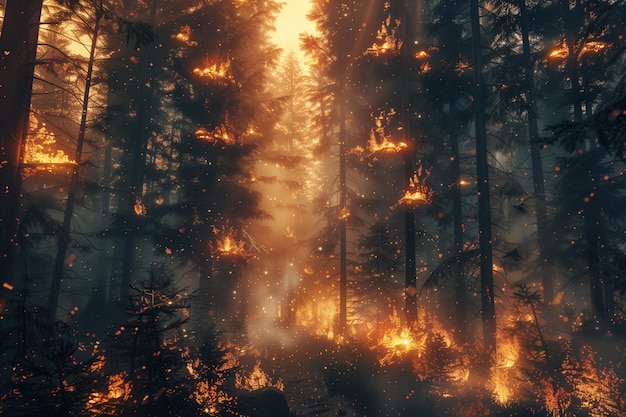 Photo severe forest fire causing devastation with burning trees