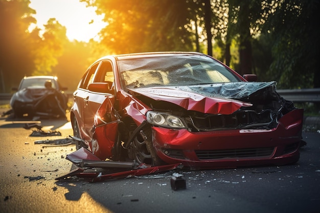 Photo severe frontend damage to red sedan after traffic accident during golden hour