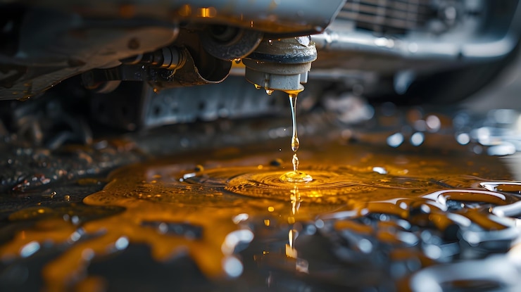 Severe Oil Leak Under Car Engine Causing Puddle on Ground
