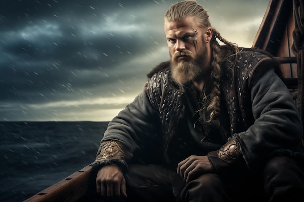 Photo severe serious viking sitting in boat in storm generative ai