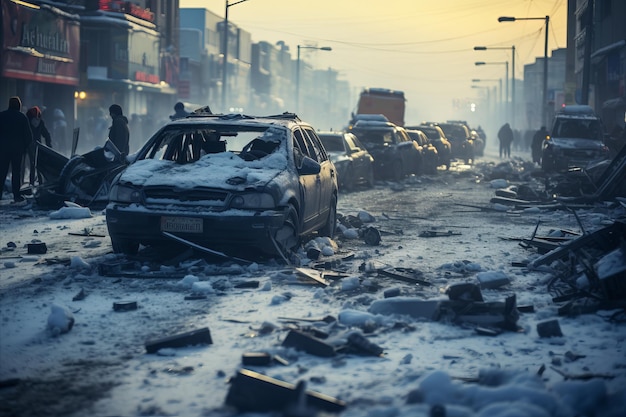 Severe Snowstorm Causes Evening Traffic Accident Two Cars Collide on City Road Russian City