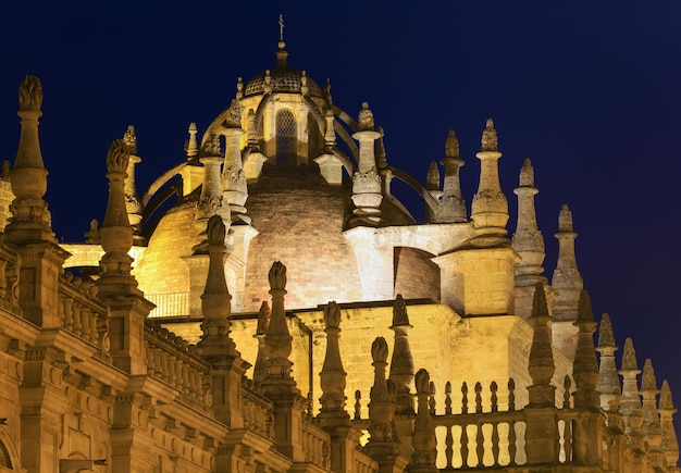 Foto scena notturna della cattedrale di siviglia (o cattedrale di santa maria della sede). costruito nel 1402-1506.