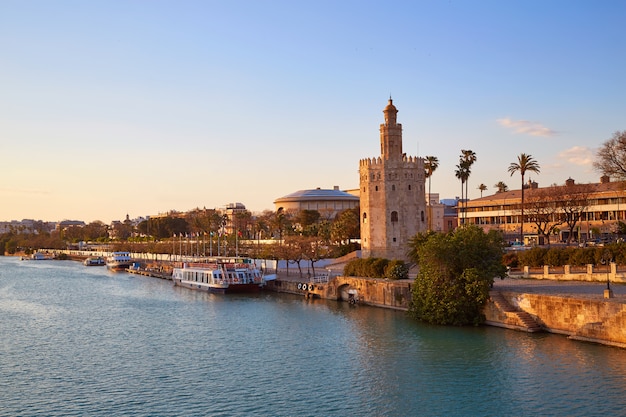 Seville sunset skyline torre del Oro in Sevilla