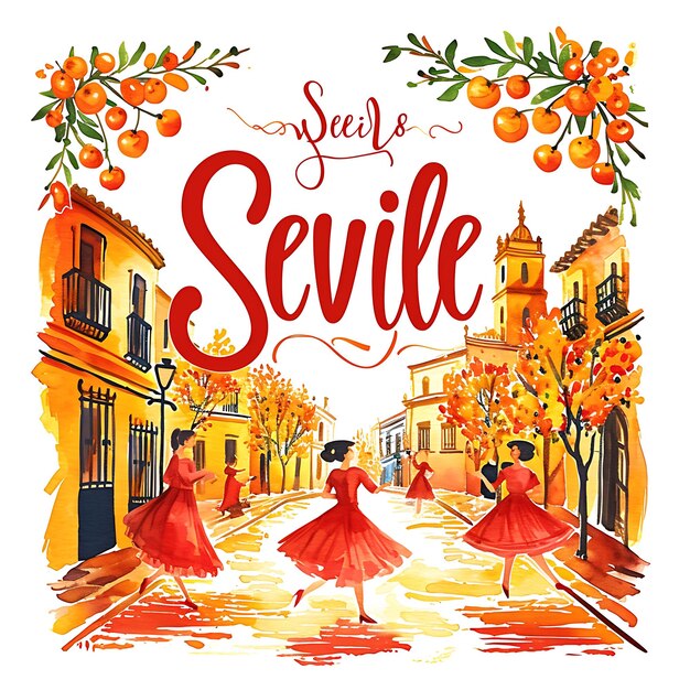 Photo seville text with flamboyant and decorative spanish inspired watercolor lanscape arts collection