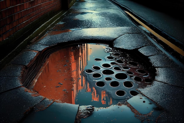 Sewer overflow spilling onto the pavement with puddles of murky water