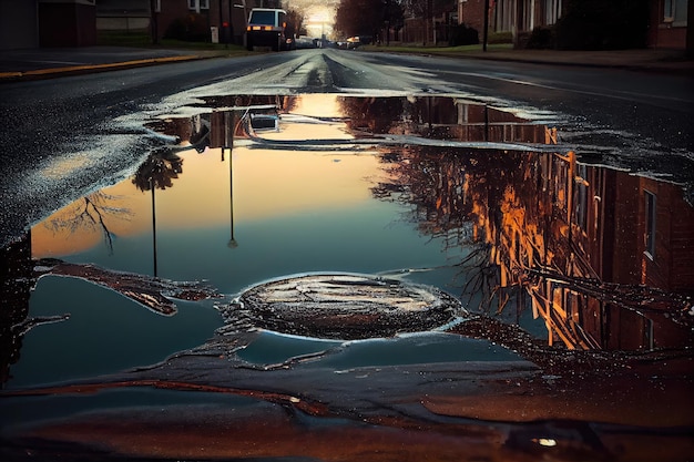 Photo sewer water flows down the street forming puddle on asphalt