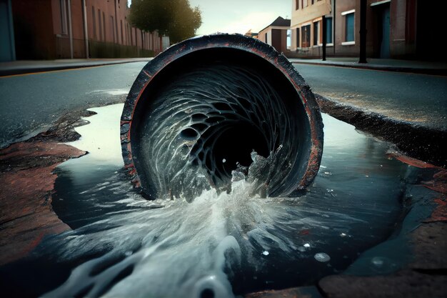 Foto acqua di fogna che sgorga dal tubo rotto sulla strada e nello scarico della tempesta