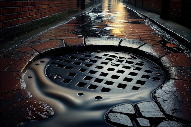 Photo sewer water overflowing onto the pavement creating dangerous slippery surface