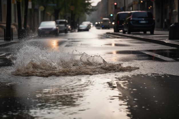 大雨の際に下水道の水が路上に溢れる