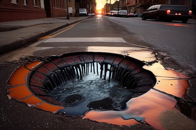 깨진 맨홀에서 흘러나온 하수도 물이 거리를 범람
