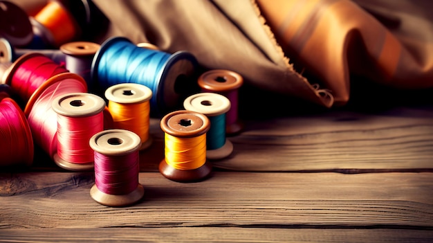 sewing accessories on wooden background