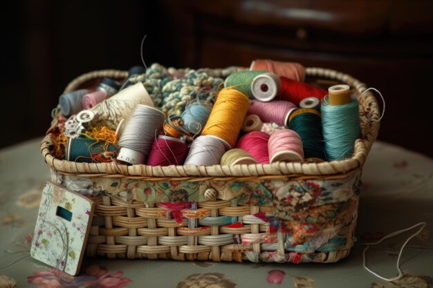 Photo sewing basket filled with different types of threads and fabrics created with generative ai