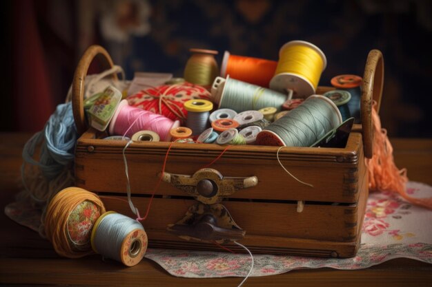 Photo sewing basket overflowing with colorful thread and fabrics created with generative ai