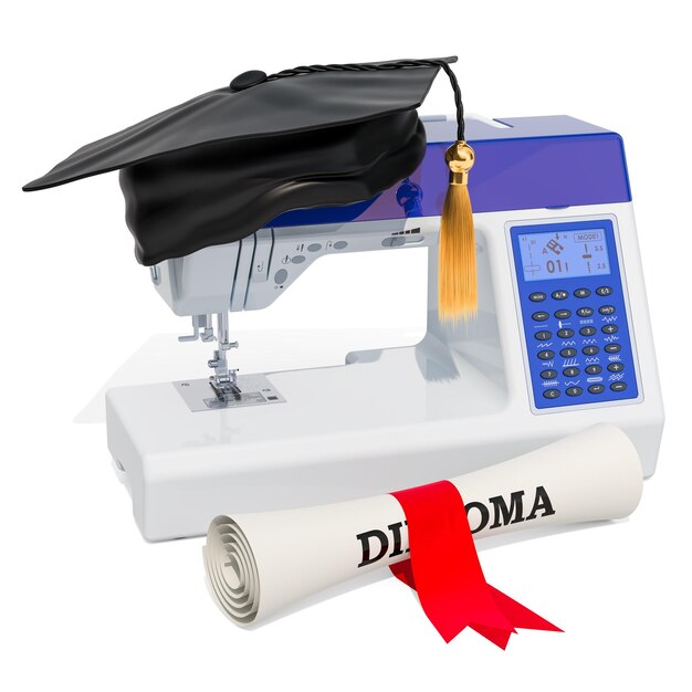 Photo sewing courses concept sewing machine with graduation cap and diploma scroll 3d rendering