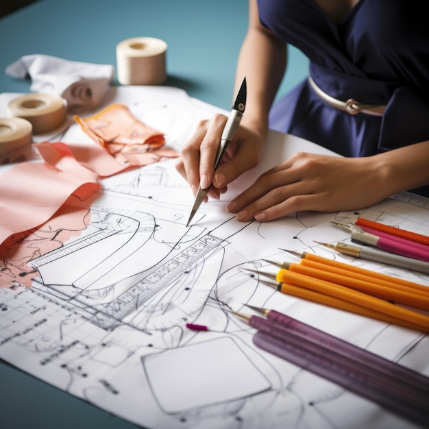 写真 縫製 ファッション デザイナー コンストラクター 服の作成に取り組む 専門家がクローゼット アイテムをデザインする 図面とパターンを作成する ファッションのアイデアを技術的に実装する